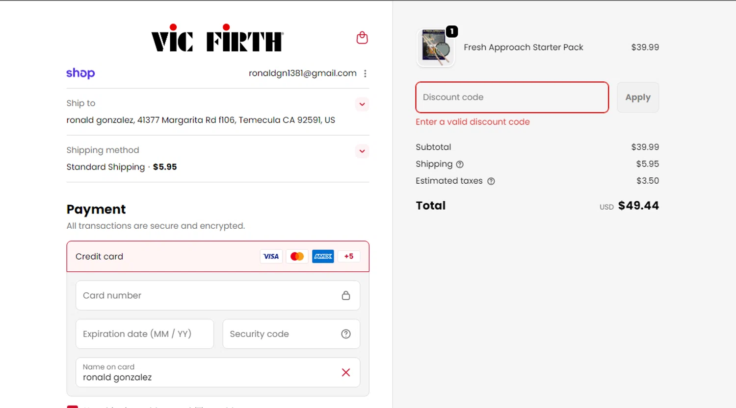 Vic Firth discount code screenshot showing code PRESIDENT10 applied at Vic Firth checkout page. Uploaded by SimplyCodes community member SmartSaver7916 on Jan 5, 2026