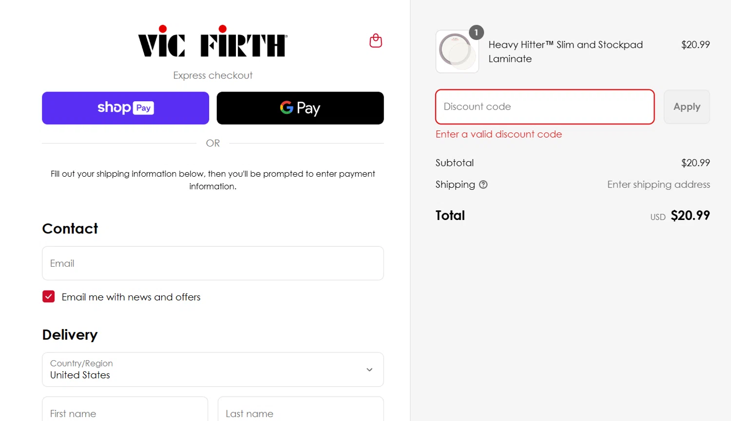 Vic Firth discount code screenshot showing code FREESHIPPING applied at Vic Firth checkout page. Uploaded by SimplyCodes community member ______________________________ on Jul 18, 2025