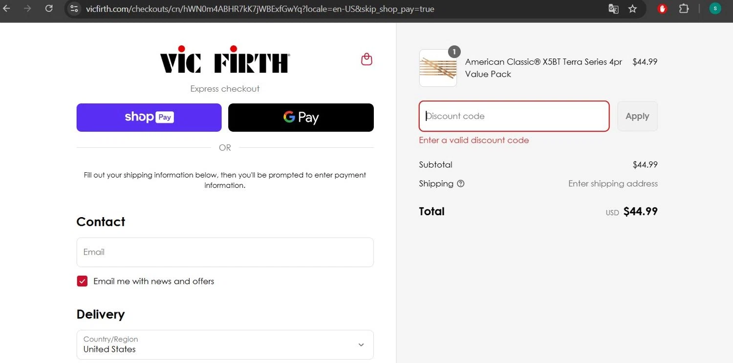 Vic Firth discount code screenshot showing code FREESHIPPING applied at Vic Firth checkout page. Uploaded by SimplyCodes community member lizimerz on Jul 18, 2025