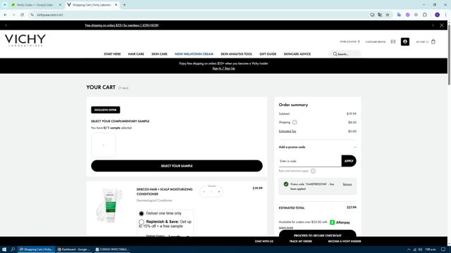 Vichy checkout page showing Vichy promo code box | Screenshot taken by SimplyCodes community member on Jul 26, 2025
