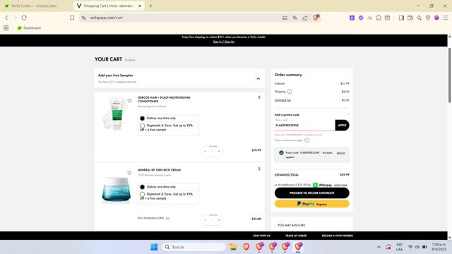 Vichy checkout page showing Vichy promo code box | Screenshot taken by SimplyCodes community member on Sep 8, 2025