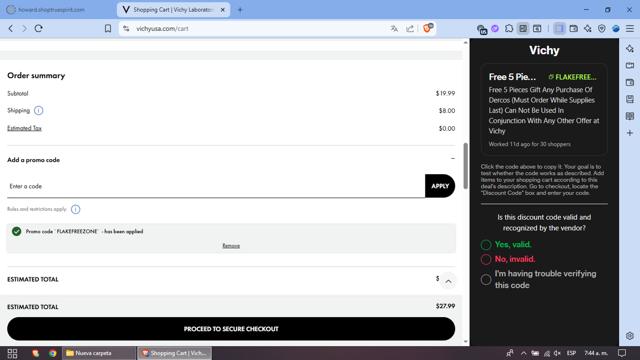 Vichy checkout page showing Vichy promo code box | Screenshot taken by SimplyCodes community member on Aug 17, 2025