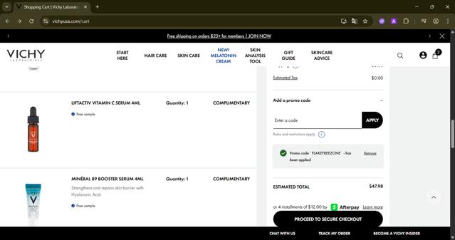 Vichy checkout page showing Vichy promo code box | Screenshot taken by SimplyCodes community member on Aug 6, 2025