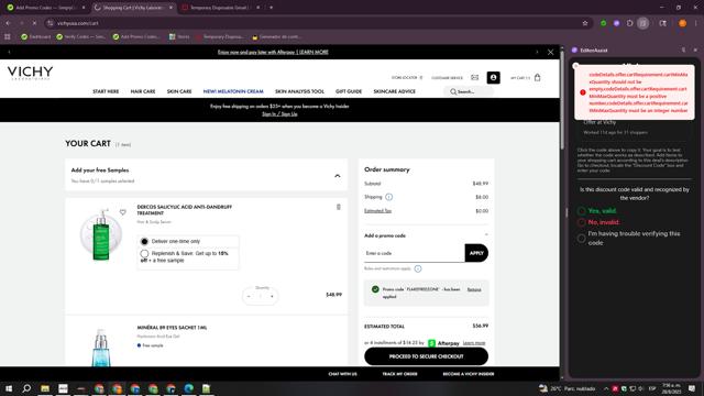 Vichy checkout page showing Vichy promo code box | Screenshot taken by SimplyCodes community member on Aug 28, 2025