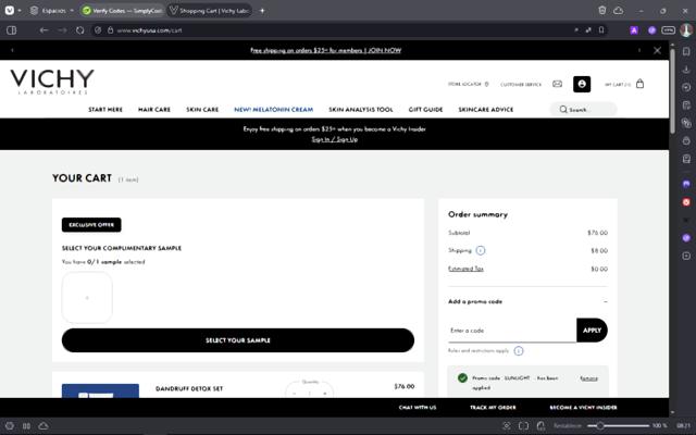 Vichy checkout page showing Vichy promo code box | Screenshot taken by SimplyCodes community member on Jul 25, 2025
