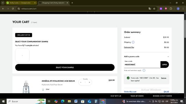 Vichy checkout page showing Vichy promo code box | Screenshot taken by SimplyCodes community member on Jul 26, 2025
