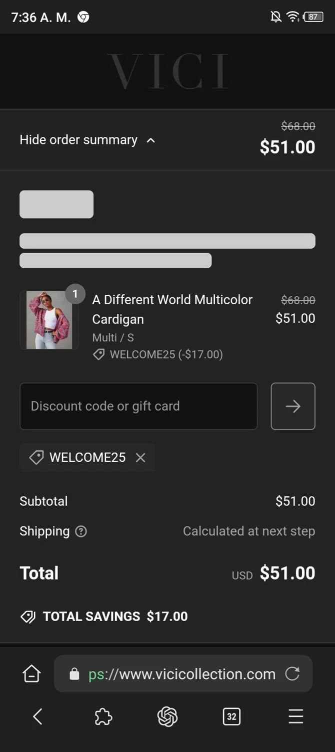 where to use Vici Collection promo code box