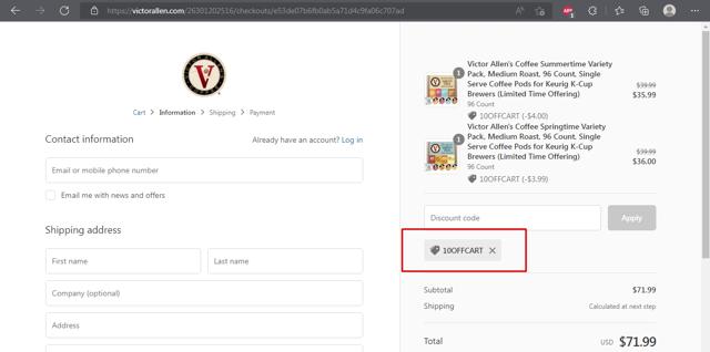 Victor Allen's Coffee checkout page showing Victor Allen's Coffee promo code box | Screenshot taken by SimplyCodes community member on May 12, 2022