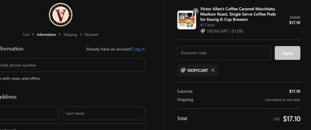 Victor Allen's Coffee checkout page showing Victor Allen's Coffee promo code box | Screenshot taken by SimplyCodes community member on Jun 14, 2022