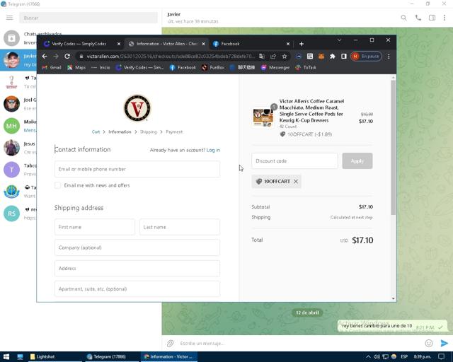 Victor Allen's Coffee checkout page showing Victor Allen's Coffee promo code box | Screenshot taken by SimplyCodes community member on Apr 12, 2022