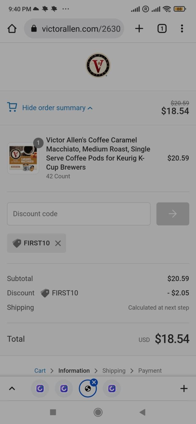 Victor Allen's Coffee checkout page showing Victor Allen's Coffee promo code box | Screenshot taken by SimplyCodes community member on Jul 8, 2022