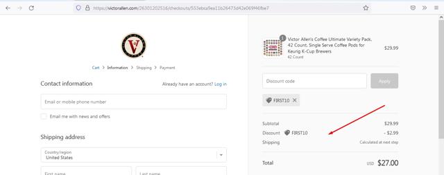 Victor Allen's Coffee checkout page showing Victor Allen's Coffee promo code box | Screenshot taken by SimplyCodes community member on Sep 5, 2022