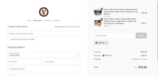 Victor Allen's Coffee checkout page showing Victor Allen's Coffee promo code box | Screenshot taken by SimplyCodes community member on Aug 7, 2022