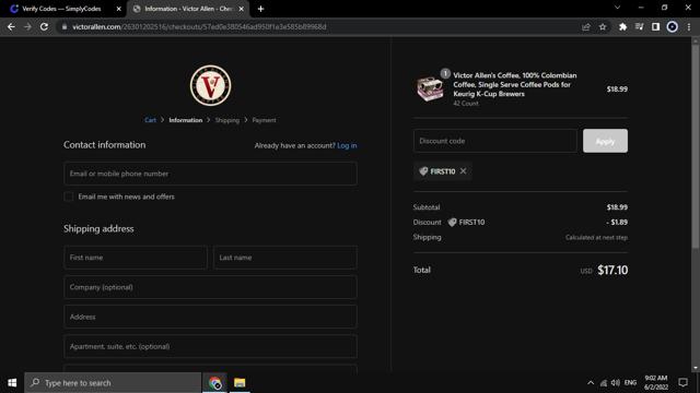 Victor Allen's Coffee checkout page showing Victor Allen's Coffee promo code box | Screenshot taken by SimplyCodes community member on Jun 2, 2022