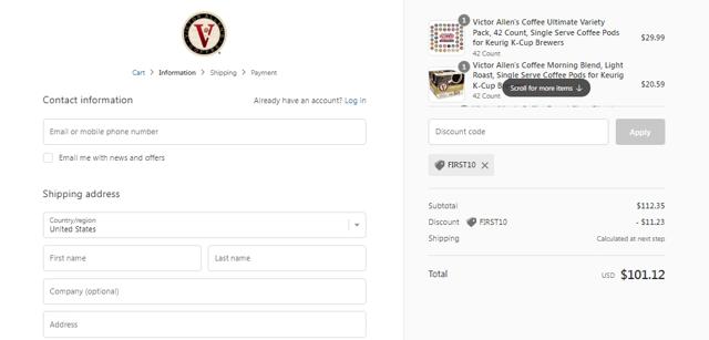 Victor Allen's Coffee checkout page showing Victor Allen's Coffee promo code box | Screenshot taken by SimplyCodes community member on Oct 4, 2022