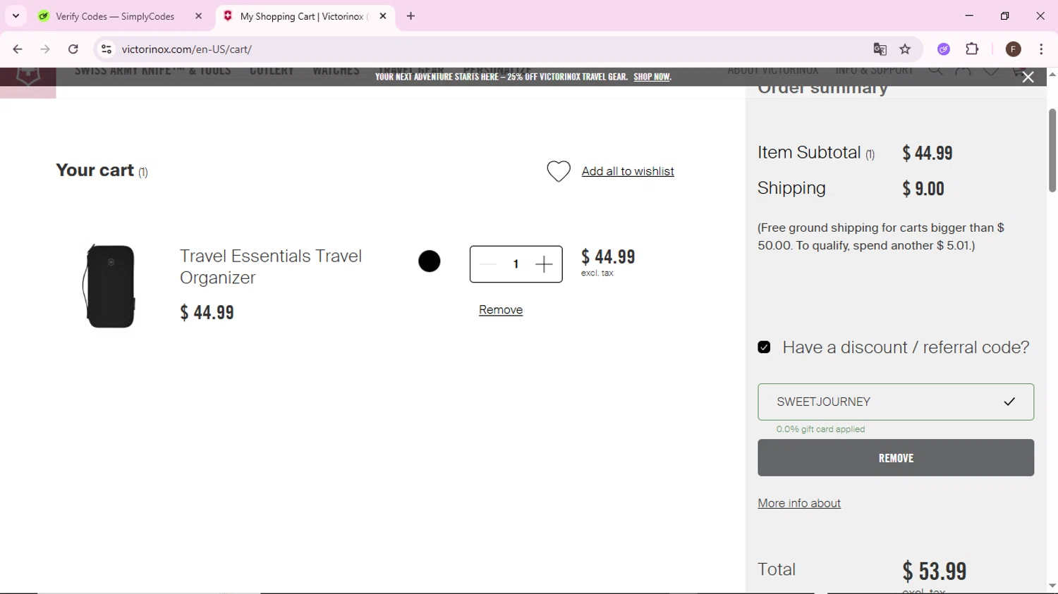 Victorinox checkout page showing Victorinox coupon code box | Screenshot taken by SimplyCodes community member on Dec 24, 2025