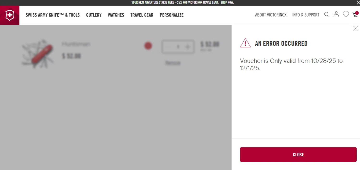 Victorinox coupon code screenshot showing code VICB2024 applied at Victorinox checkout page. Uploaded by SimplyCodes community member CashAce9852 on Dec 19, 2025