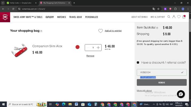 Victorinox checkout page showing Victorinox coupon code box | Screenshot taken by SimplyCodes community member on Aug 16, 2025