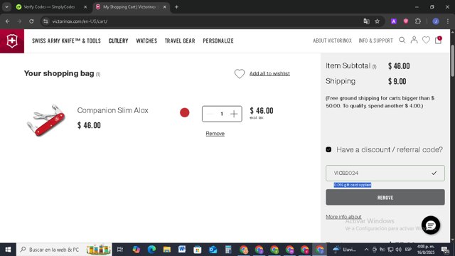 Victorinox checkout page showing Victorinox coupon code box | Screenshot taken by SimplyCodes community member on Aug 16, 2025