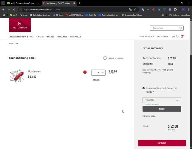 Victorinox checkout page showing Victorinox coupon code box | Screenshot taken by SimplyCodes community member on Jul 9, 2025