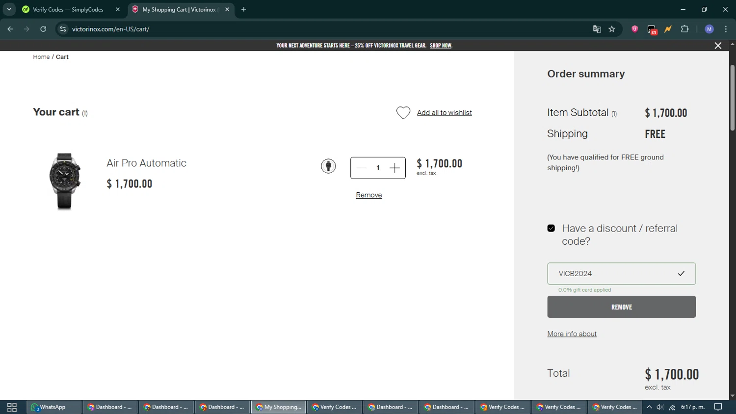 Victorinox coupon code screenshot showing code VICB2024 applied at Victorinox checkout page. Uploaded by SimplyCodes community member VoucherCurator824 on Nov 28, 2025