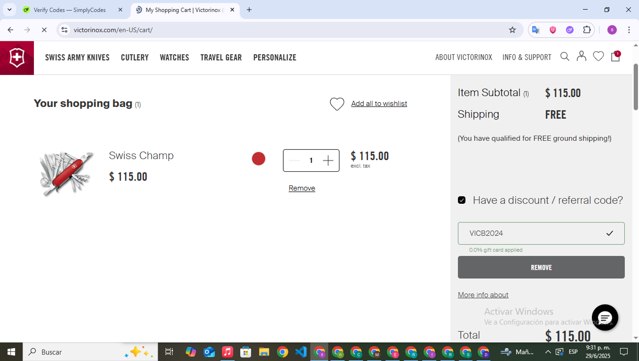 Victorinox checkout page showing Victorinox coupon code box | Screenshot taken by SimplyCodes community member on Jun 30, 2025