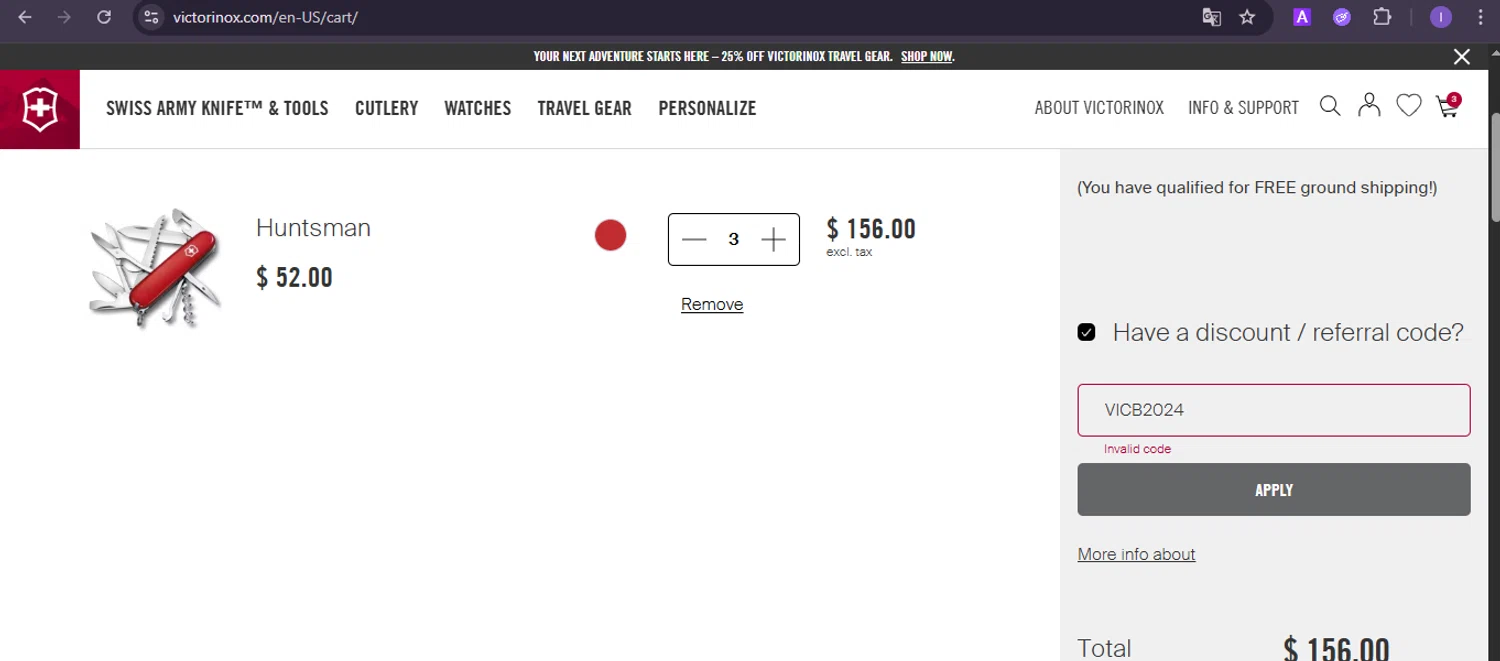 Victorinox coupon code screenshot showing code VICB2024 applied at Victorinox checkout page. Uploaded by SimplyCodes community member joineds on Dec 18, 2025