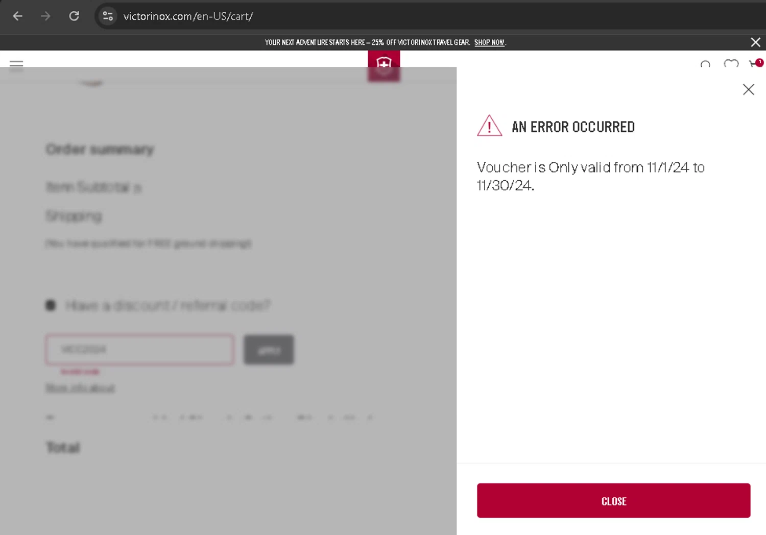 Victorinox coupon code screenshot showing code VICC2024 applied at Victorinox checkout page. Uploaded by SimplyCodes community member BonusPro7395 on Nov 30, 2025