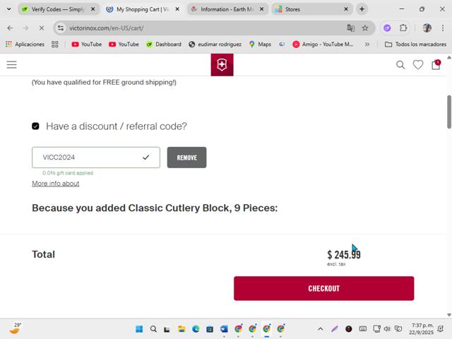 Victorinox checkout page showing Victorinox coupon code box | Screenshot taken by SimplyCodes community member on Sep 22, 2025