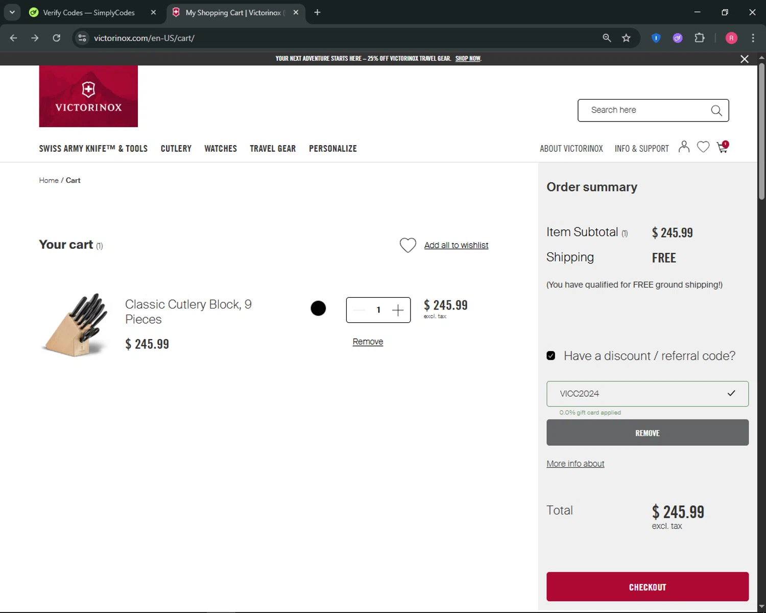 Victorinox checkout page showing Victorinox coupon code box | Screenshot taken by SimplyCodes community member on Nov 24, 2025