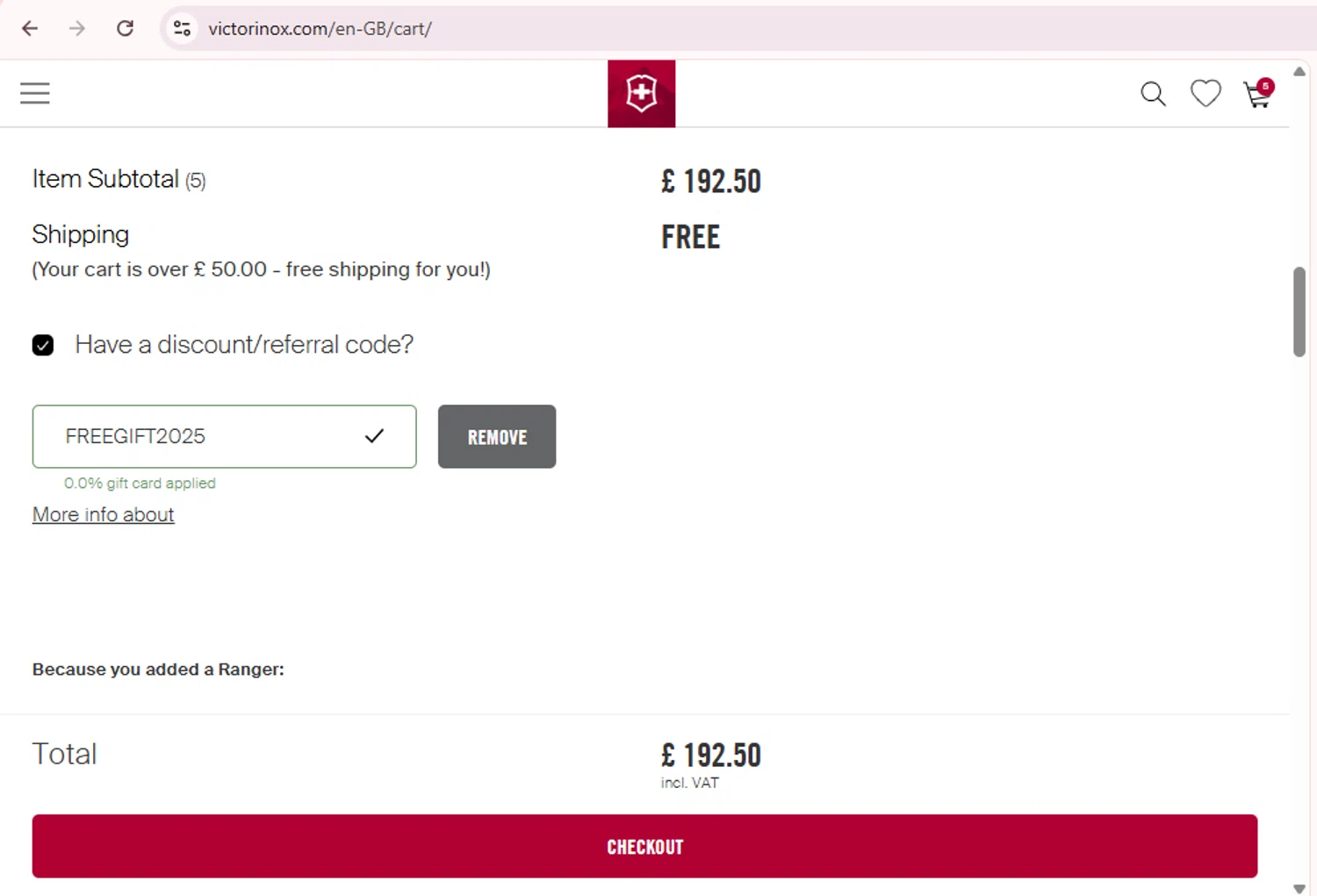 Victorinox coupon code screenshot showing code FREEGIFT2025 applied at Victorinox checkout page. Uploaded by SimplyCodes community member PromoExpert5262 on Dec 12, 2025