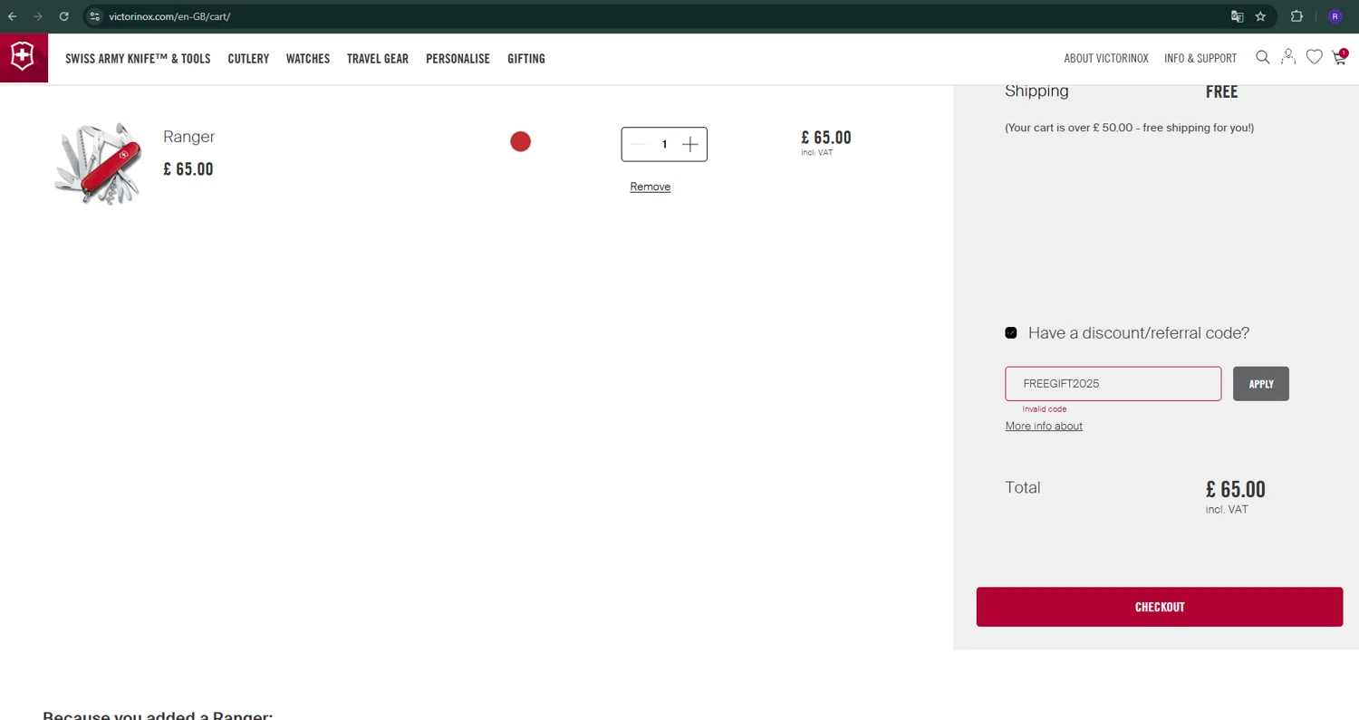 Victorinox coupon code screenshot showing code FREEGIFT2025 applied at Victorinox checkout page. Uploaded by SimplyCodes community member ShrewdShopper154 on Dec 23, 2025