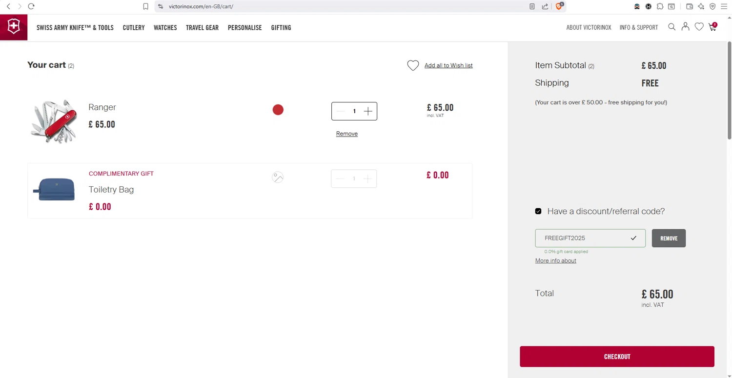 Victorinox coupon code screenshot showing code FREEGIFT2025 applied at Victorinox checkout page. Uploaded by SimplyCodes community member dayselis15 on Dec 2, 2025