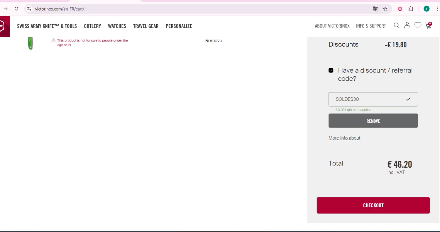 Victorinox checkout page showing Victorinox coupon code box | Screenshot taken by SimplyCodes community member on Feb 4, 2026
