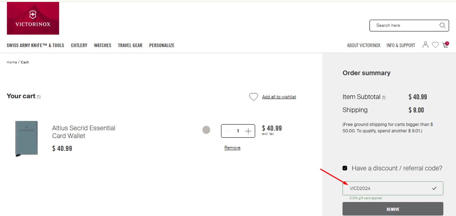 Victorinox coupon code screenshot showing code VICD2024 applied at Victorinox checkout page. Uploaded by SimplyCodes community member carlosrivero on Dec 23, 2025