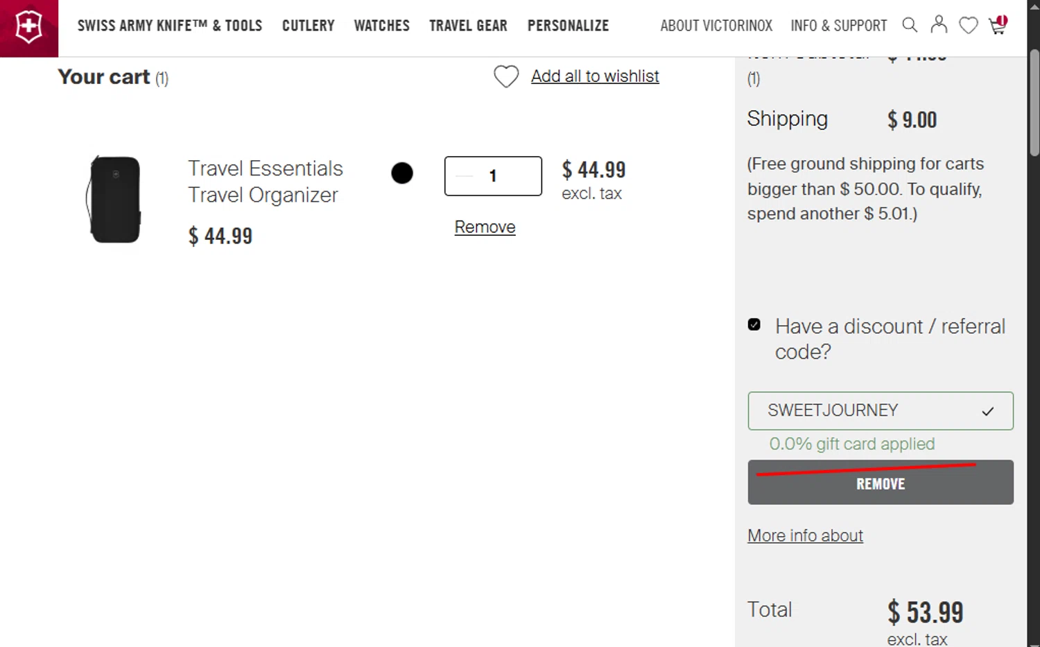 Victorinox coupon code screenshot showing code SWEETJOURNEY applied at Victorinox checkout page. Uploaded by SimplyCodes community member carmennoviko on Dec 27, 2025