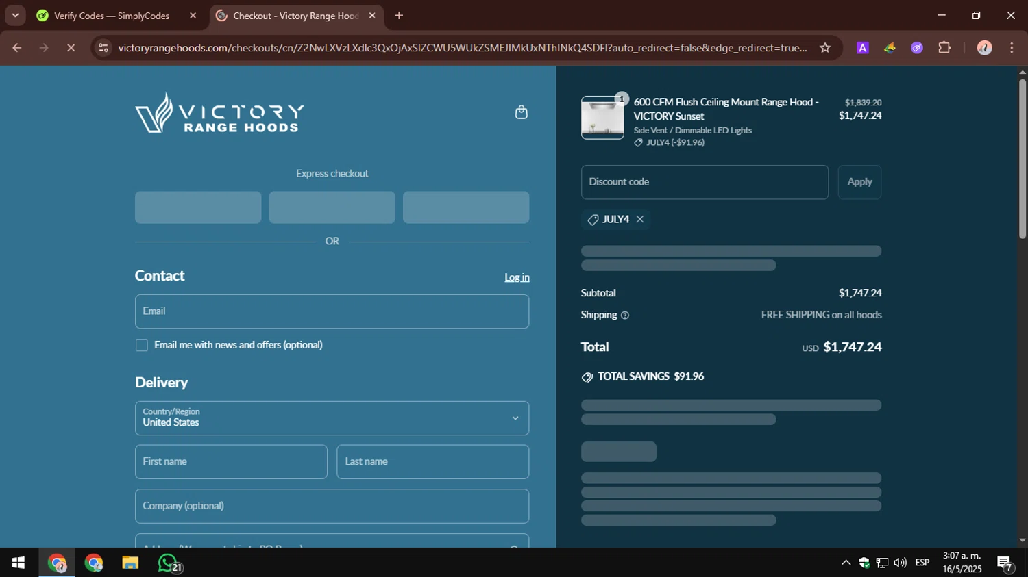 Victory Range Hoods discount code screenshot showing code JULY4 applied at Victory Range Hoods checkout page. Uploaded by SimplyCodes community member AbusaGordas on May 16, 2025