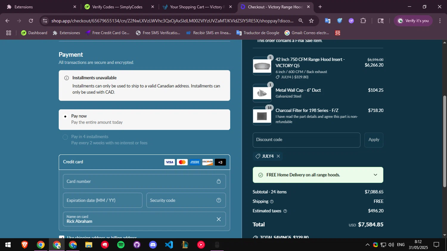 Victory Range Hoods discount code screenshot showing code JULY4 applied at Victory Range Hoods checkout page. Uploaded by SimplyCodes community member ScanGenius949 on May 31, 2025