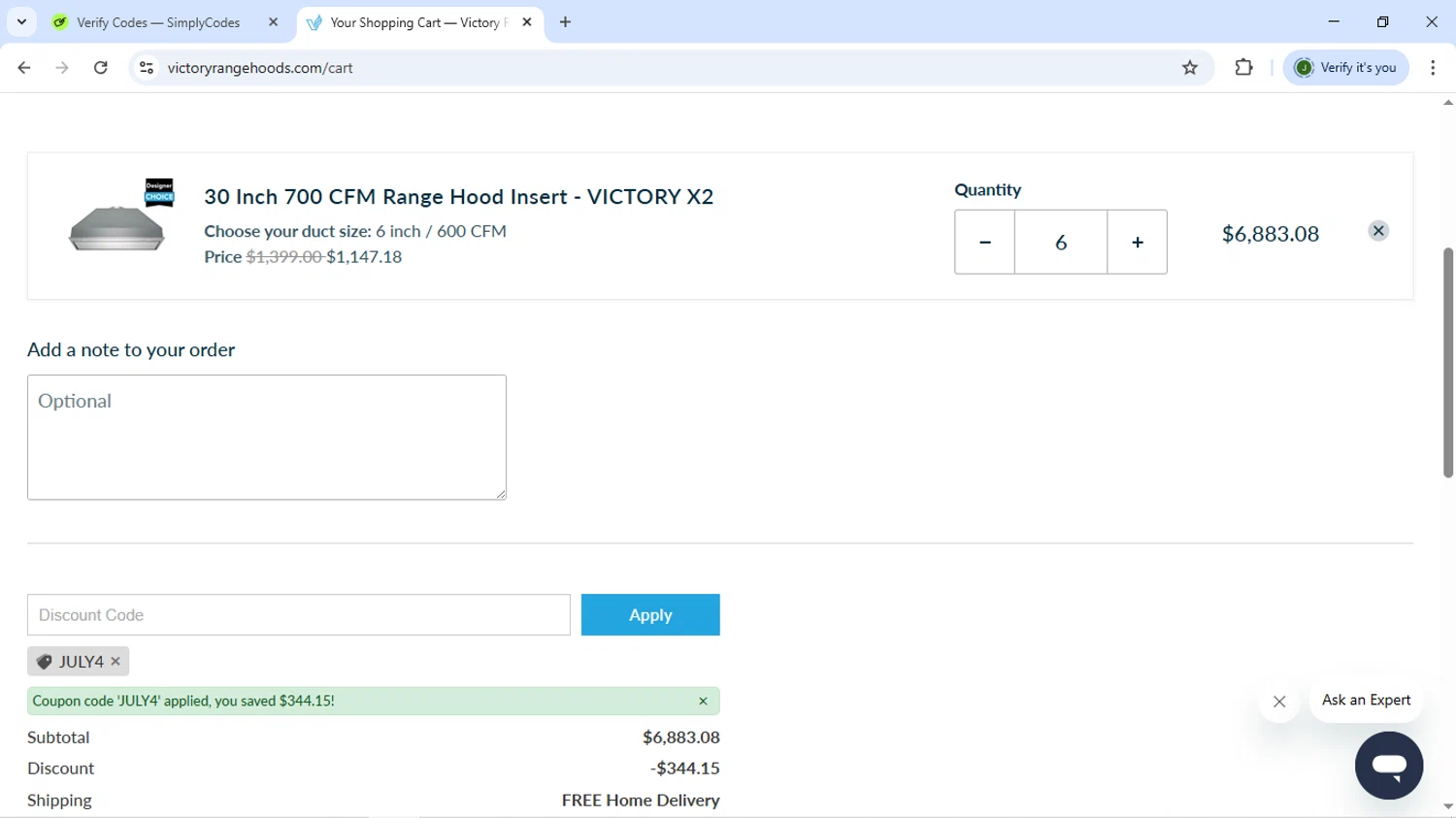 Victory Range Hoods discount code screenshot showing code JULY4 applied at Victory Range Hoods checkout page. Uploaded by SimplyCodes community member VoucherFox7461 on Jun 14, 2025