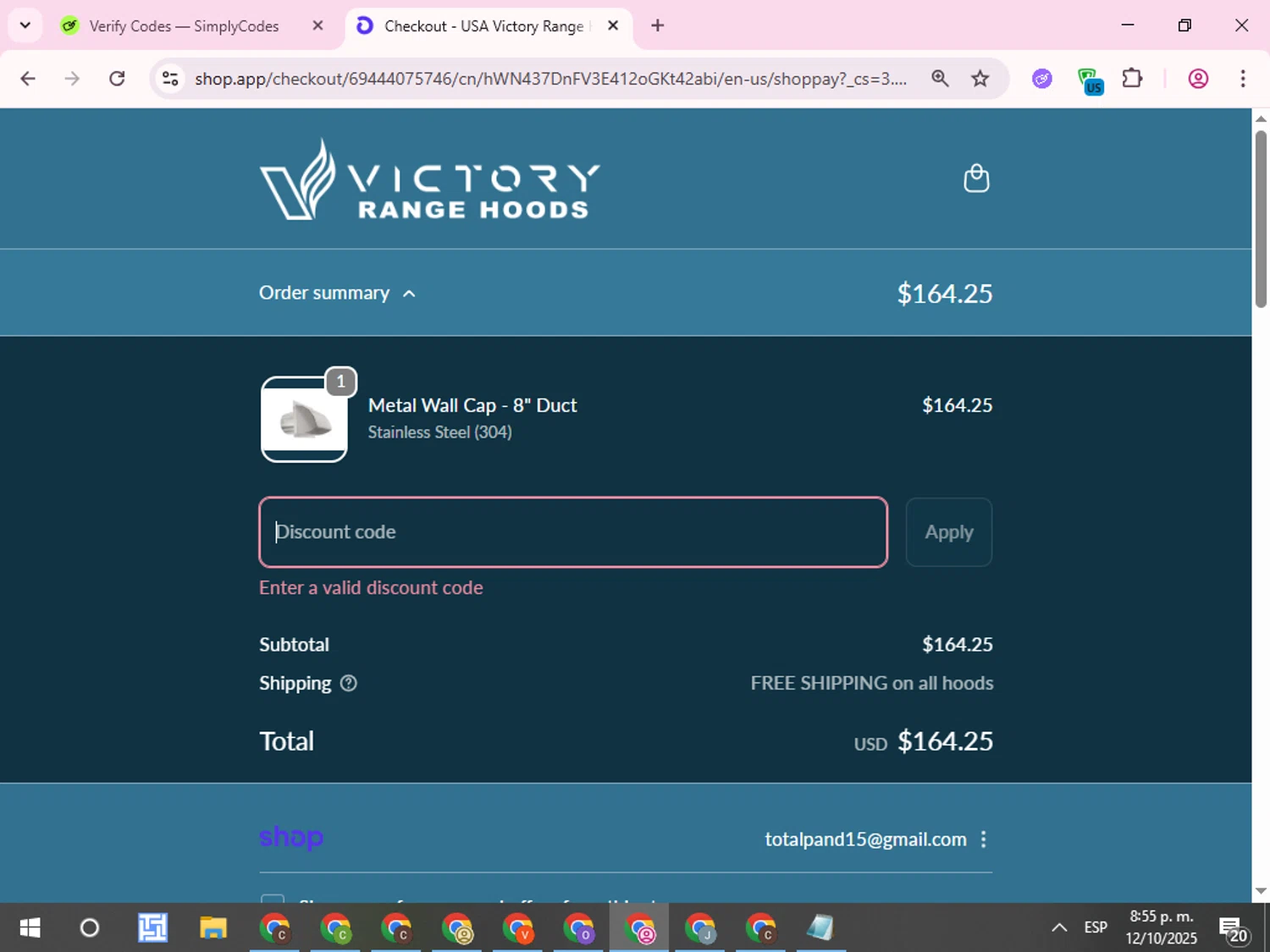Victory Range Hoods discount code screenshot showing code DPFSAVE15 applied at Victory Range Hoods checkout page. Uploaded by SimplyCodes community member QuestCurator1644 on Oct 13, 2025