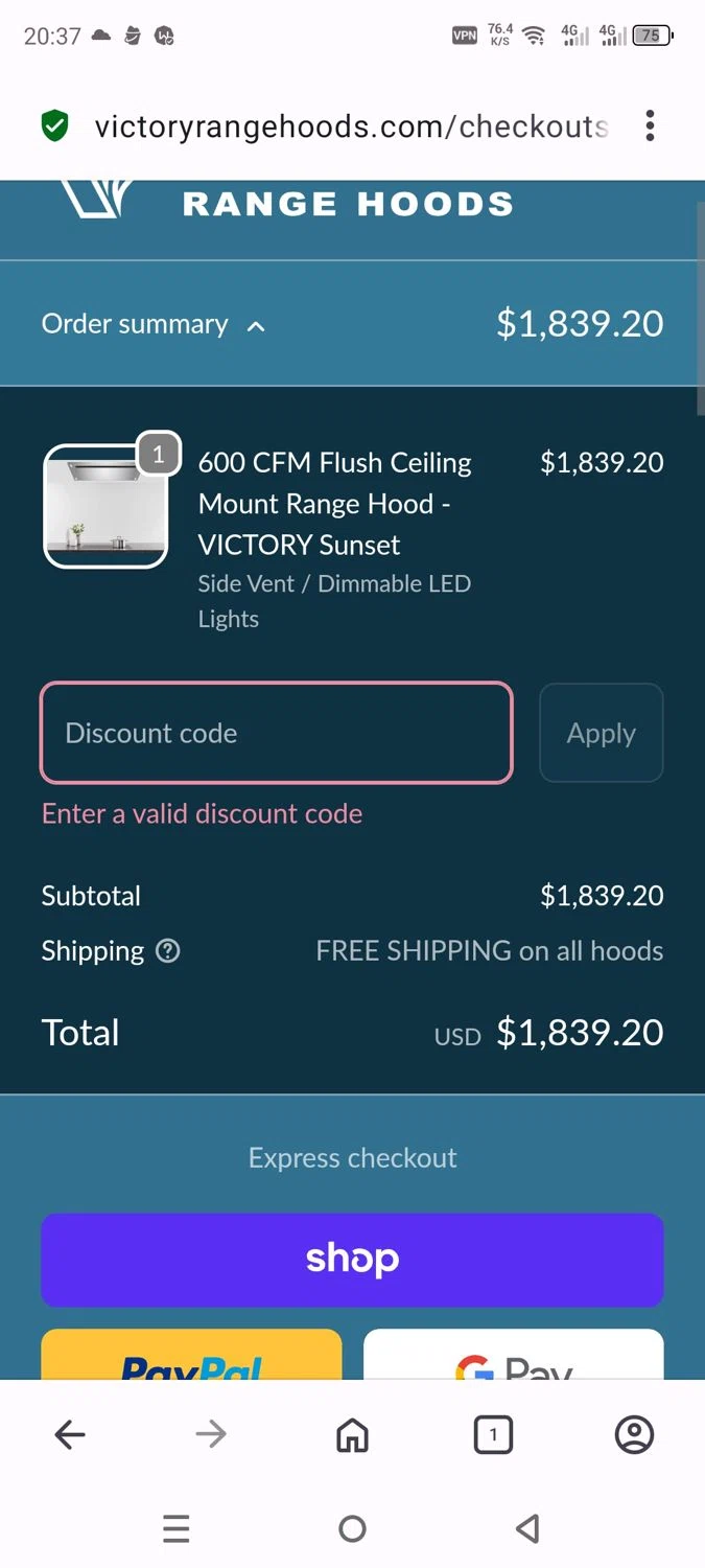 Victory Range Hoods discount code screenshot showing code DPFSAVE15 applied at Victory Range Hoods checkout page. Uploaded by SimplyCodes community member dayselis15 on Oct 13, 2025