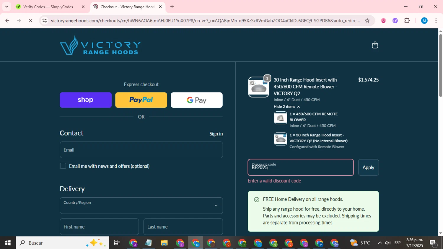 Victory Range Hoods discount code screenshot showing code BF2025 applied at Victory Range Hoods checkout page. Uploaded by SimplyCodes community member LegendaryCurator1585 on Dec 7, 2025