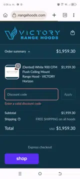 Victory Range Hoods coupon verification screenshot