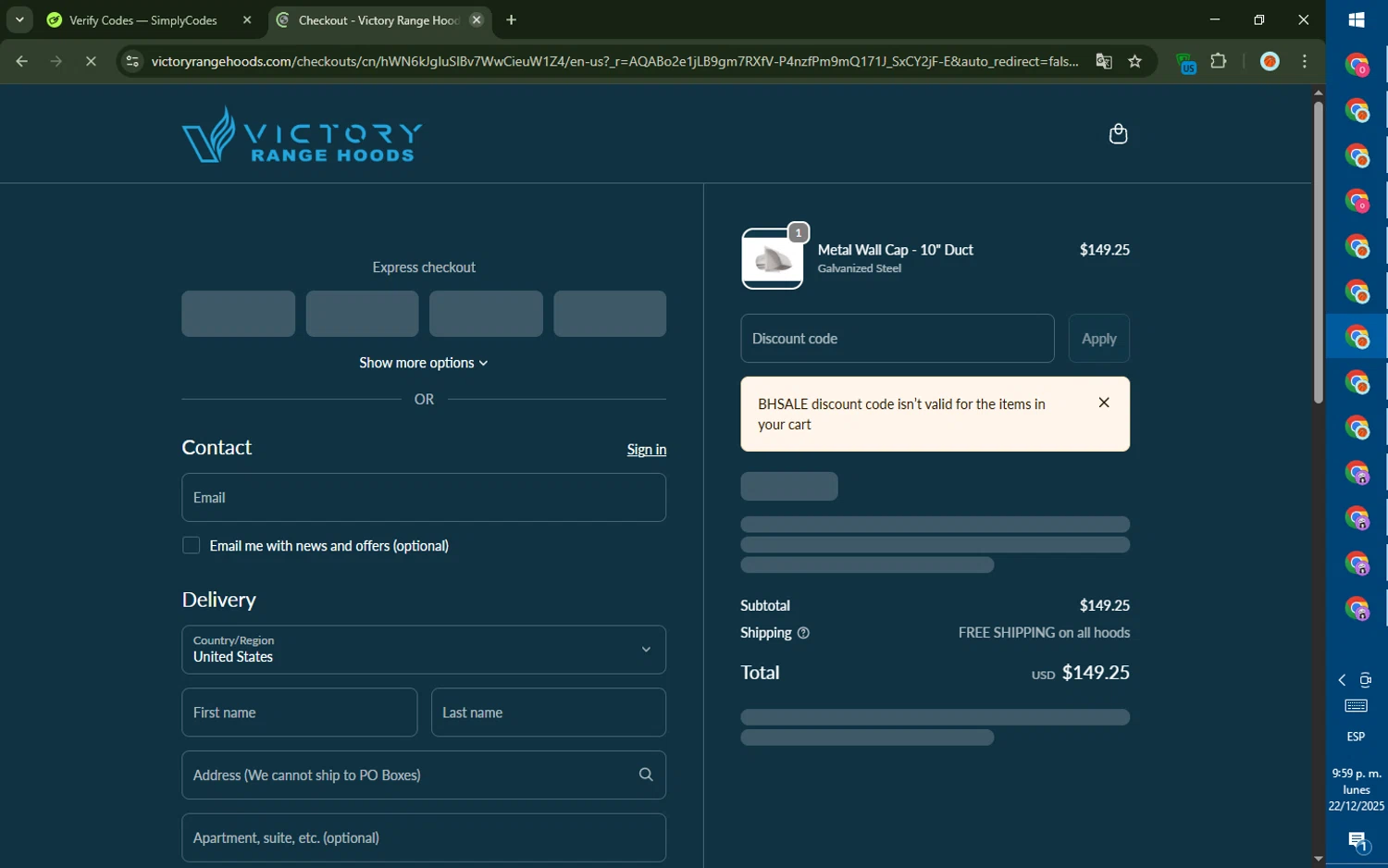 Victory Range Hoods discount code screenshot showing code BHSALE applied at Victory Range Hoods checkout page. Uploaded by SimplyCodes community member CashMaverick8128 on Dec 23, 2025