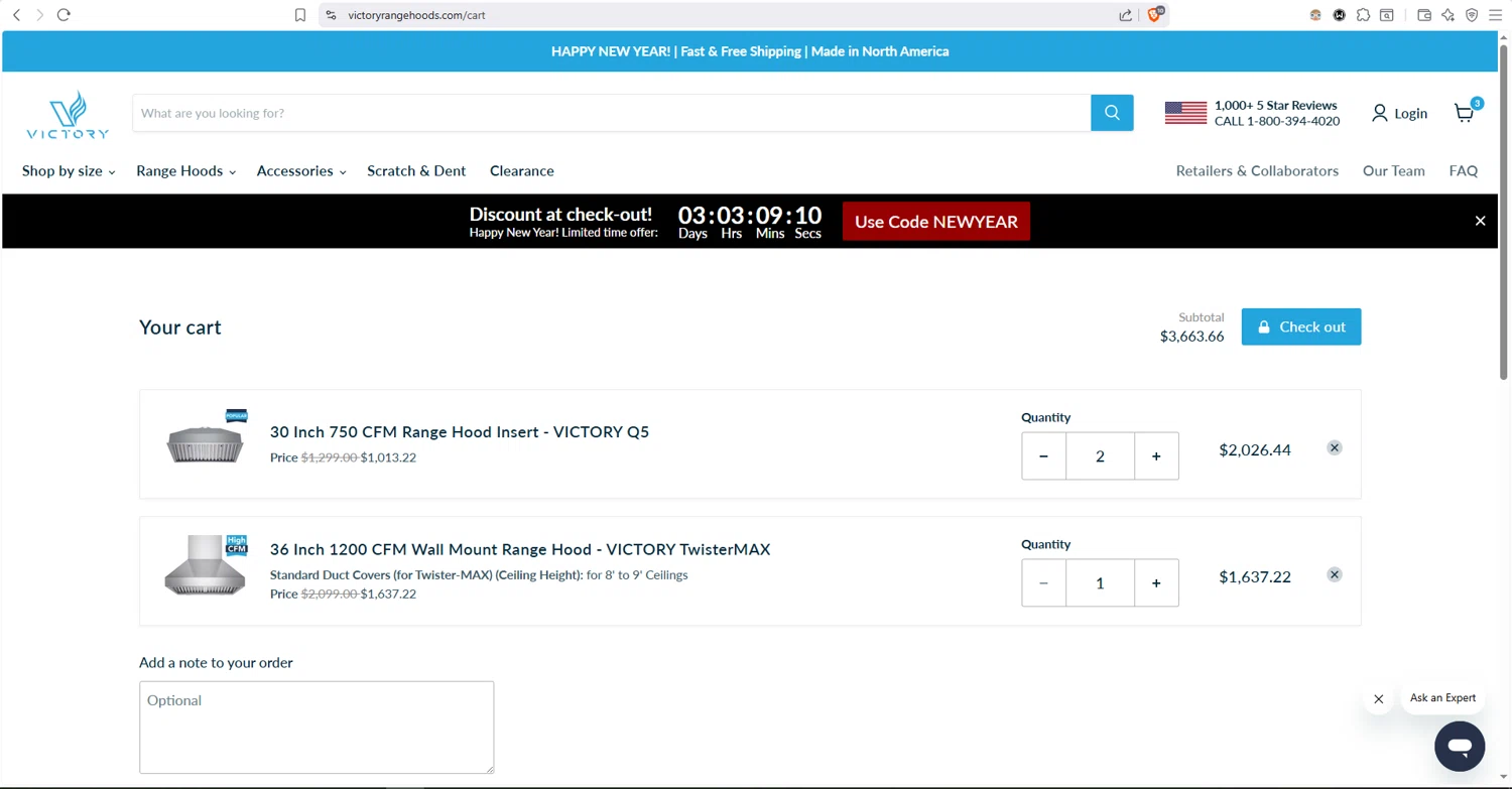 Victory Range Hoods checkout page showing Victory Range Hoods discount code box | Screenshot taken by SimplyCodes community member on Jan 11, 2026