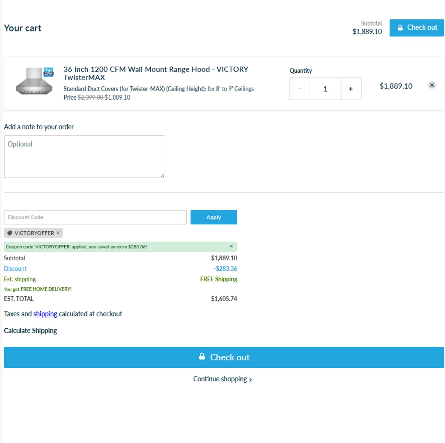 Victory Range Hoods discount code screenshot showing code VICTORYOFFER applied at Victory Range Hoods checkout page. Uploaded by SimplyCodes community member reggiesmith on Jan 25, 2026