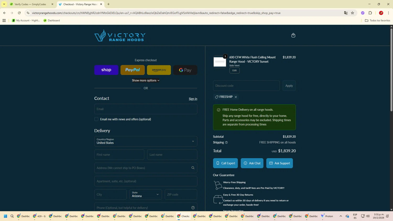 Victory Range Hoods checkout page showing Victory Range Hoods discount code box | Screenshot taken by SimplyCodes community member on Feb 19, 2026