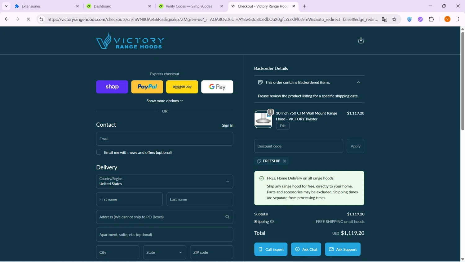 Victory Range Hoods discount code screenshot showing code FREESHIP applied at Victory Range Hoods checkout page. Uploaded by SimplyCodes community member VoucherShopper4674 on Feb 6, 2026