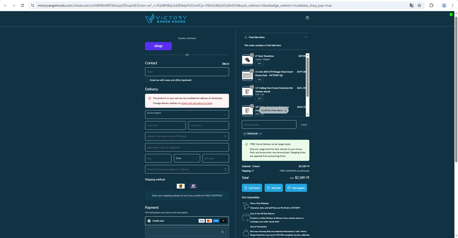 Victory Range Hoods checkout page showing Victory Range Hoods discount code box | Screenshot taken by SimplyCodes community member on Feb 15, 2026