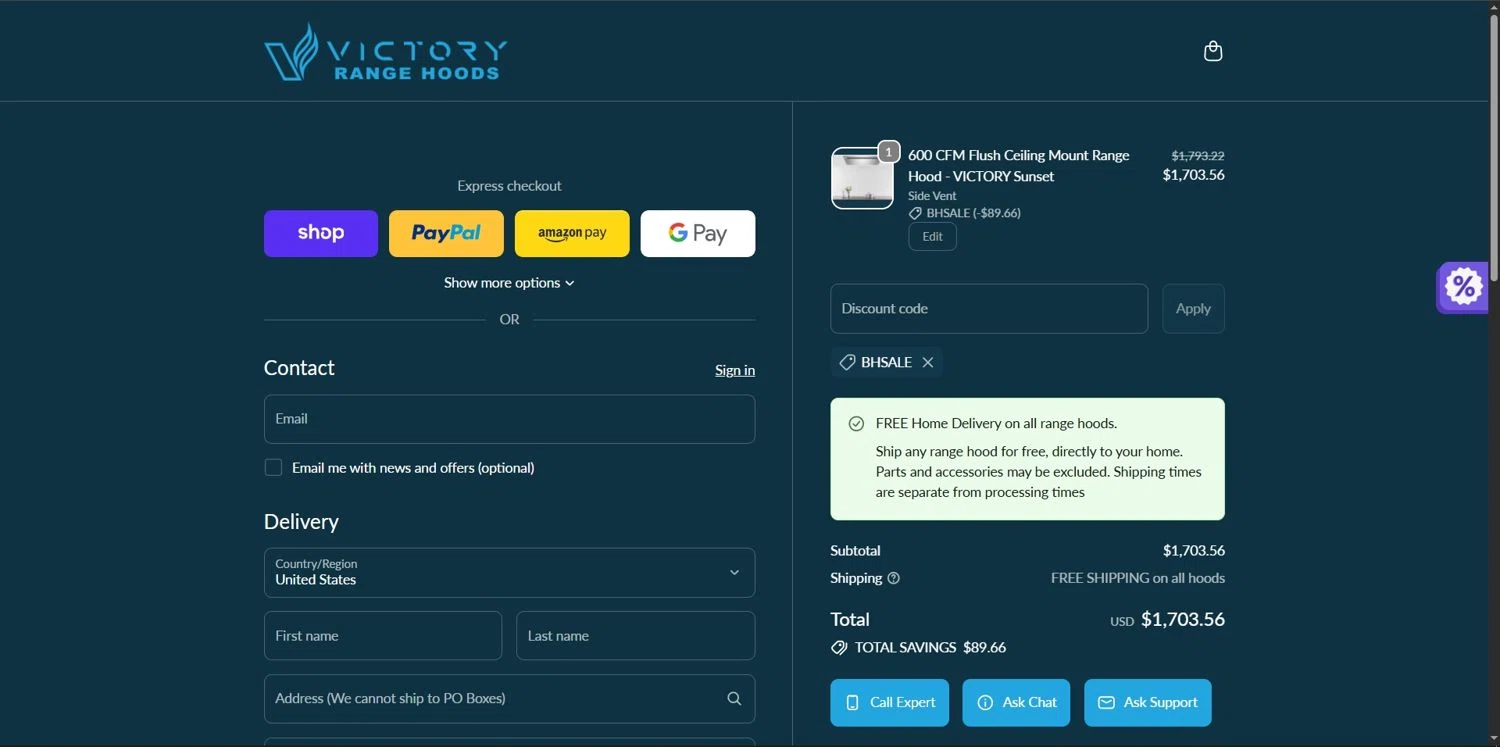 Victory Range Hoods discount code screenshot showing code BHSALE applied at Victory Range Hoods checkout page. Uploaded by SimplyCodes community member Depressive on Dec 23, 2025